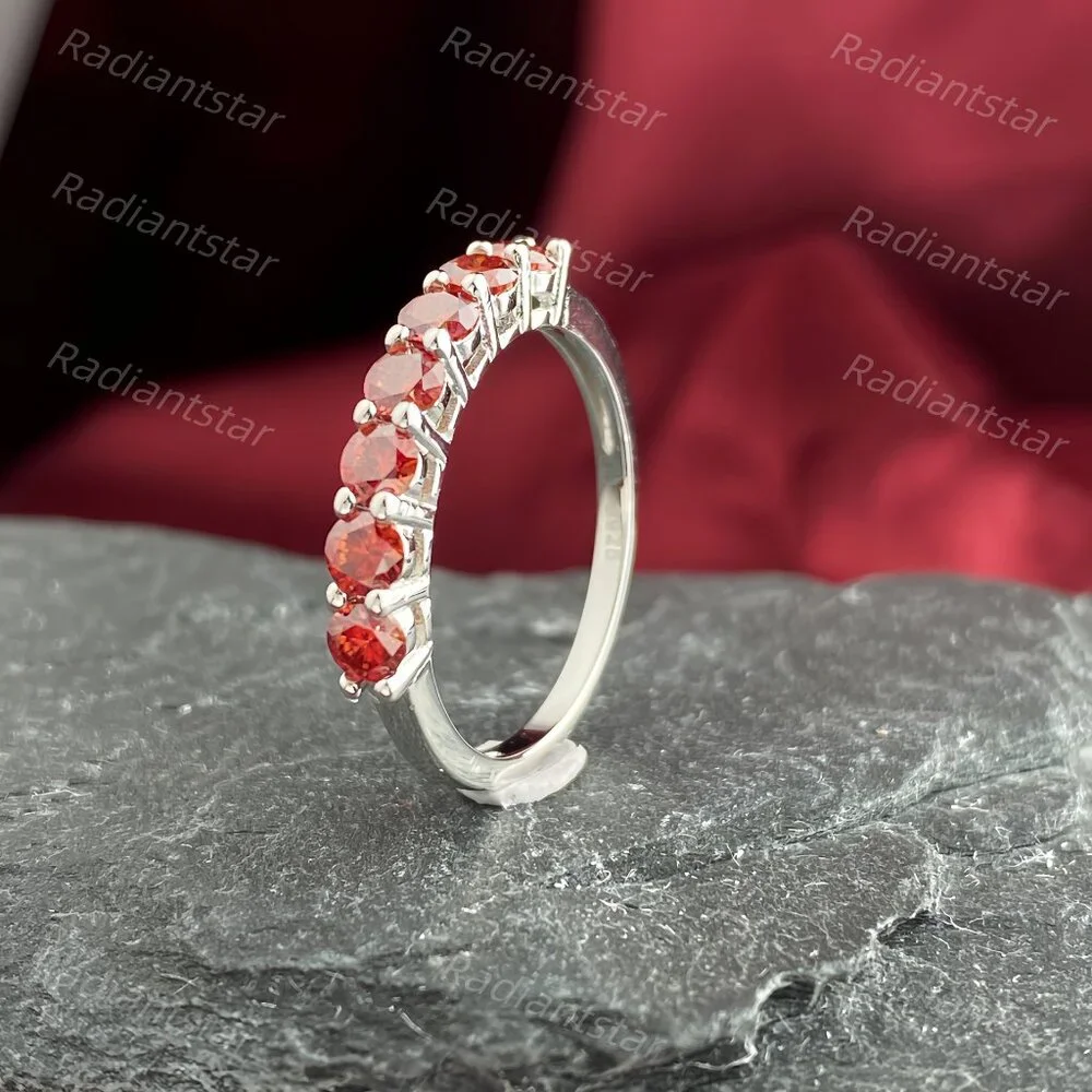 NEW Certified 3mm Garnet Moissanite 7 Stone Half Eternity Band Ring